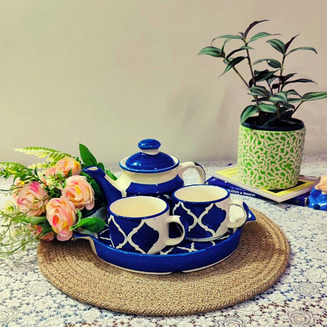 Homefrills Hand Painted Ceramic Tea Kettle Set with 2 Cups(150ml), 1 Kettle(400ml)& 1 Tray/Ceramic Good Morning Set- Set of 4 Colour-Blue,Microwave Safe